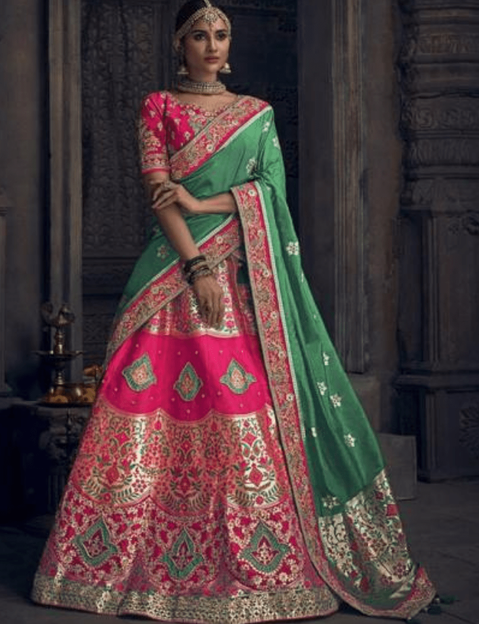 Pink Green Silk Lehenga Choli